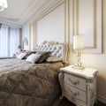 Classic bed with bedside tables and night lamps in art deco bedroom style