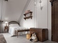 Classic bed in a child's bedroom with night table, lamp and toy