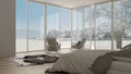 Classic bedroom, minimalistic white interior design, big windows