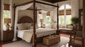 Classic bedroom in a villa with wooden furniture. Colonial style