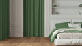 Classic bedroom in white and green tones close up. Double modern bed and carpet, arched walls with curtains. Molded walls and Royalty Free Stock Photo