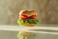 A classic beef burger with lettuce, tomato, and sesame bun captured in mid-air with visible dynamic particles.