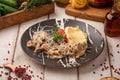 Classic beef stroganoff with mashed potatoes Royalty Free Stock Photo