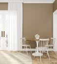 Classic beige empty interior room with dinner table, chairs, curtain, wooden floor and flowers.