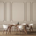 Classic beige interior with dining table and chairs.