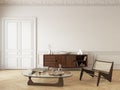 Classic beige interior with dresser, lounge chair and decor. Royalty Free Stock Photo