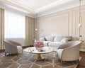 Classic beige interior with sofa, armchairs, coffee table, carpet, curtain, flowers and wall moldings. Royalty Free Stock Photo