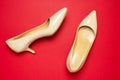 Classic beige patent leather pumps or shoes with low kitten heels on red background Royalty Free Stock Photo