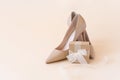 Classic beige women high heel shoes and gift box on pastel background. Minimal female background, banner. Fashion blog