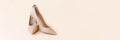 Classic beige women high heel shoes on pastel background. Minimal female background, banner. Fashion blog and sale