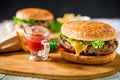 Classic big hamburger with beef, sauce and french fries on dark background. American tasty food Royalty Free Stock Photo