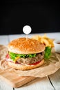Classic big hamburger with beef, sauce and french fries on dark background. American tasty food. White frame Royalty Free Stock Photo