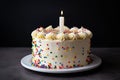 classic birthday cake with colorful, piped frosting and sprinkles