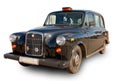 Classic black British taxi `Black Cab`. White background