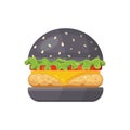 Classic black burger with flying ingredients. Vector hamburger icon in cartoon style.
