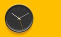 Classic black clock image in realistic flat style, dark timer on yellow background. Business watch
