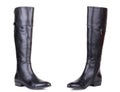 Classic black glossy leather high knee flat heels female boots. Two isolated