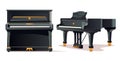 Classic black grand piano and upright piano. Two types of pianos. Musical instrument. Vector illustration for design