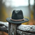 Classic black hat gracefully placed on a weathered wooden fence Royalty Free Stock Photo