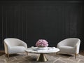 Classic black interior with armchairs, coffee table, flowers and wall moldings.