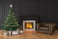 Classic black interior with christmas tree, fireplace, lounge armchair