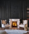 Classic black interior with fireplace, armchairs, moldings, wall pannel, carpet, fur.