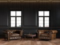 Classic black loft interior with wall panels, coffee table, windows and chesterfield armchairs.