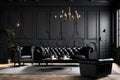 Classic black loft interior with wall panels, coffee table, windows and chesterfield armchairs