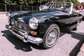 Classic Black MG Midget Car parked on street. MG Midget is a small two-seater sports car produced by British car company