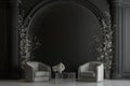 A classic black modern interior with lounge chairs, a table, and mirrors in an empty room. Royalty Free Stock Photo