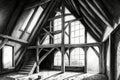 classic black and white attic pencil drawing, with intricate details of the architecture