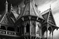 classic black and white attic pencil drawing, with intricate details of the architecture