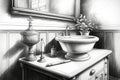 classic black-and-white bathroom pencil sketch, with stylish sink and faucet