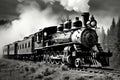 A classic black and white photograph capturing a train on the tracks, Black and white picture of a steam locomotive from the 1860s Royalty Free Stock Photo