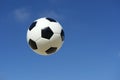 Classic Black and White Soccer Ball Football Flying in Blue Sky Royalty Free Stock Photo