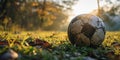 Classic black and white soccer ball on a lush green field basking in the sunlight ready for the game Royalty Free Stock Photo