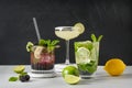 Classic and blackberry mojito, margarita cocktail with lime.