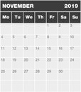 Classic blank month greyscale planning calendar - November 2019 Royalty Free Stock Photo