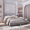 Classic bleached wooden bedroom with master bed, parquet floor, niches and carpet in white and beige tones. Arched door with Royalty Free Stock Photo