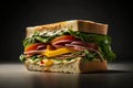 Classic BLT sandwich with bacon, lettuce and tomato on dark background. Image is AI generated