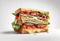 Classic BLT sandwich with bacon, lettuce and tomato on white background. Image is AI generated