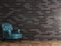 Classic blue brown leather armchair standing in front of black brick wall with copy space Royalty Free Stock Photo