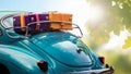 Classic Blue Car With Luggage on Roof, Ready for a Road Trip. Concept Freedom and Independence Royalty Free Stock Photo