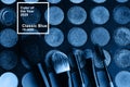 Classic Blue color of the Year 2020. makeup brush set and professional eye shadow palette Royalty Free Stock Photo