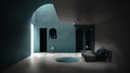 Classic blue concrete interior space, sun light that cast shadow on the wall and floor, bedroom with bed and round carpet, Royalty Free Stock Photo