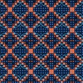 Classic Blue Floral Diamond Checl Symmetry Motif Background. Dark Abstract Flower Dot Mosaic Seamless Pattern. Geometric Pixel Royalty Free Stock Photo