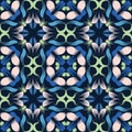 Classic Blue Floral Symmetry Motif Background. Dark Abstract Flower Leaf Mosaic Seamless Pattern. Elegant Exotic Tropical Bloom Royalty Free Stock Photo