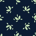 Classic Blue Hand Drawn Leaf Background. Elegant Horizontal Tossed Leaves Motif Seamless Pattern. Navy Bloom Stripe on Dark Deep