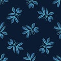 Classic Blue Hand Painted Leaf Background. Elegant Midnight Glow Leaves Motif Seamless Pattern. Ditsy Navy Bloom on Dark Deep