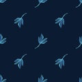 Classic Blue Hand Painted Leaf Background. Elegant Midnight Glow Leaves Motif Seamless Pattern. Ditsy Navy Bloom on Dark Deep